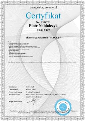 Certyfikat ukończenia szkolenia o HACCP
